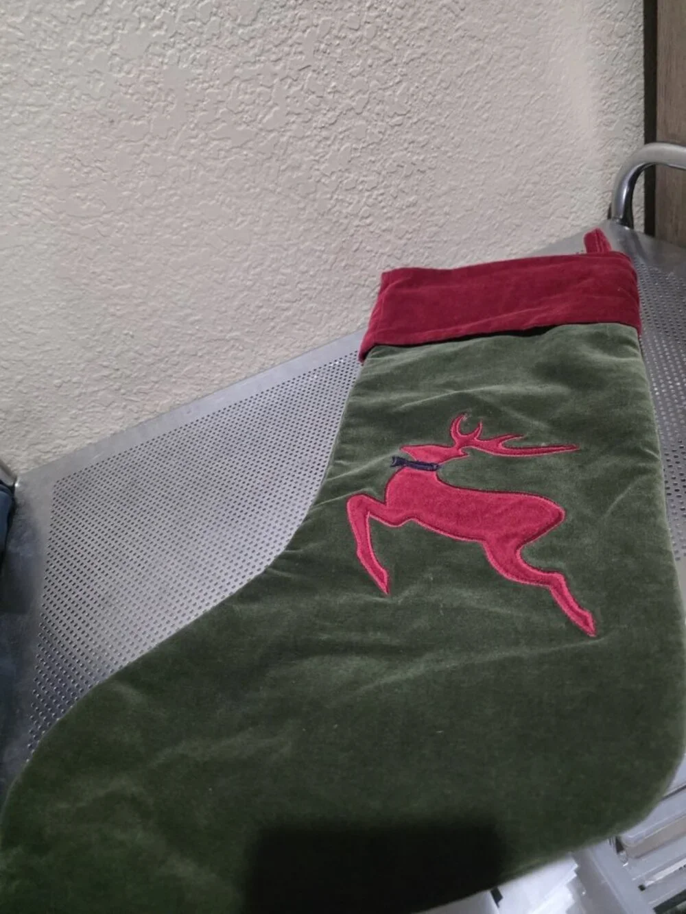 Pottery Barn Christmas Holiday Stocking Velvet Reindeer Green Red